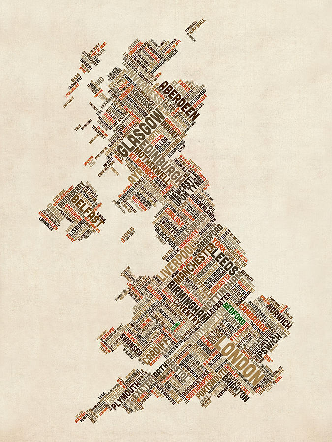 CUSTOM Great Britain UK City Text Map Digital Art by Michael Tompsett