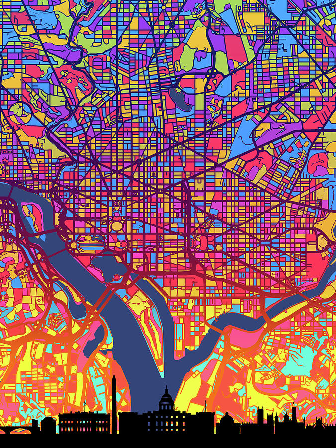 Washington Map Digital Art - CUSTOM Washington DC Skyline Map by Michael Tompsett