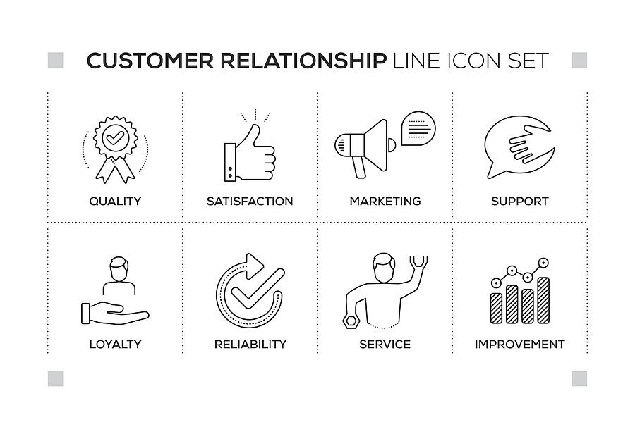 Customer Relationship keywords with monochrome line icons Drawing by Enis Aksoy