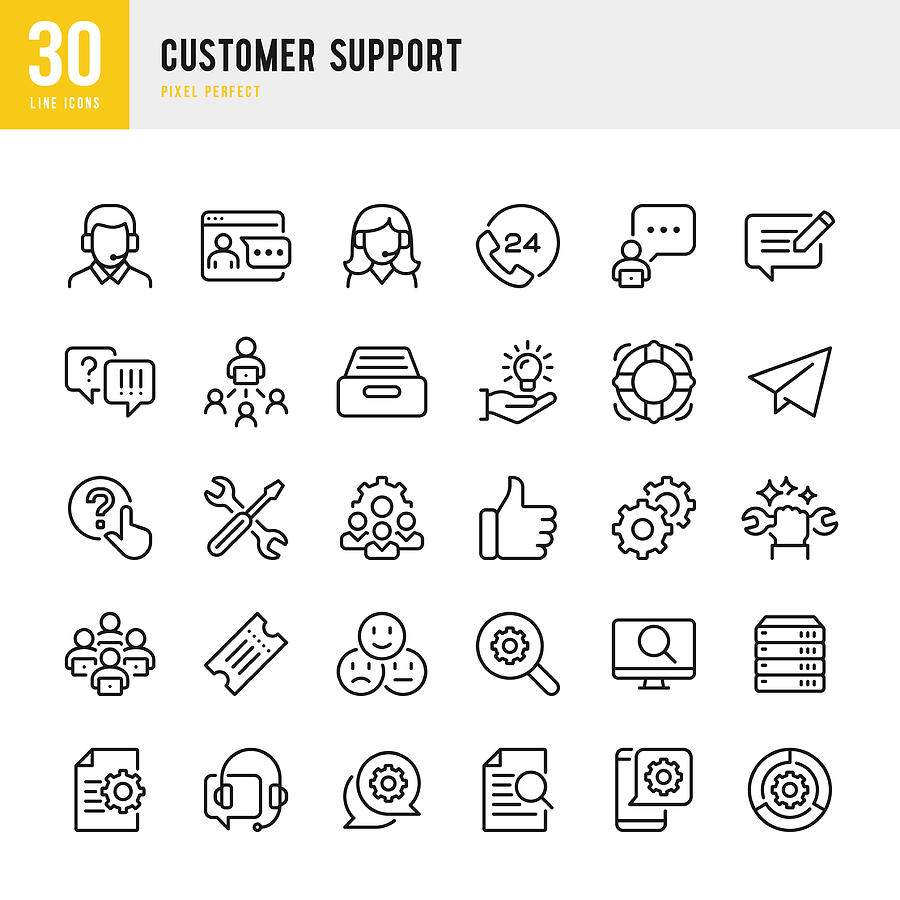 Customer Support - thin line vector icon set. Pixel perfect. The set contains icons: Contact Us, Life Belt, Support, 24 Hrs Telephone, Text Messaging, Ticket. Drawing by Fonikum