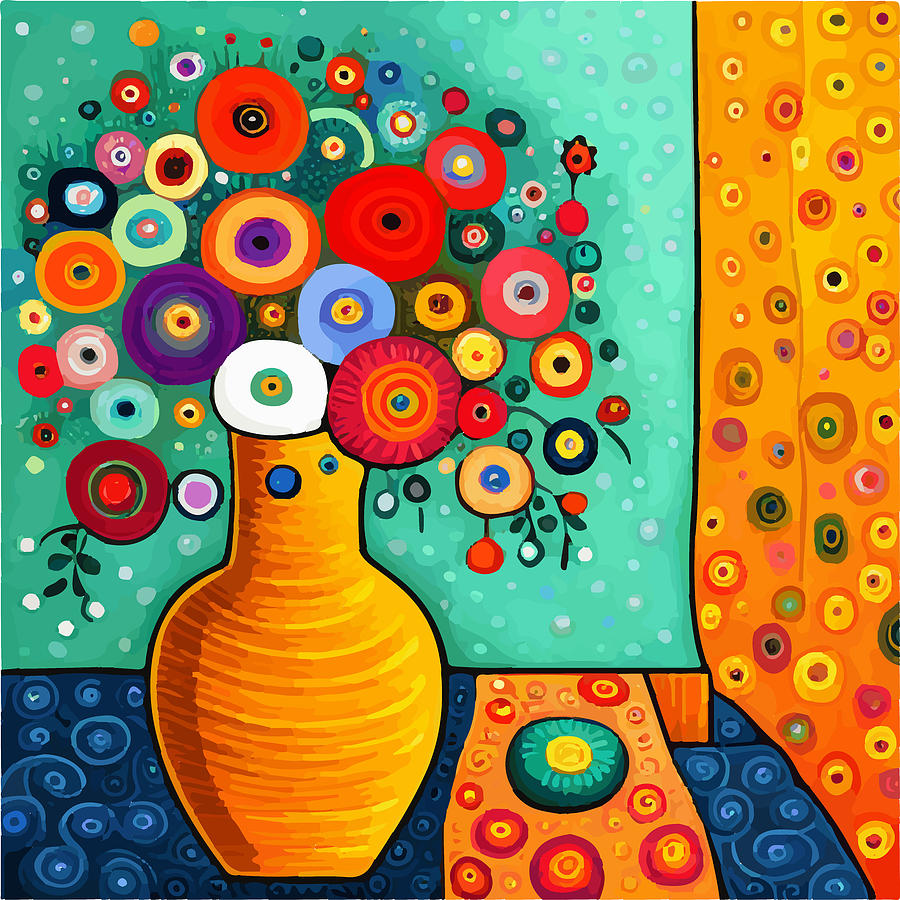 Abstract Digital Art - Cute Abstract Flowers in an Orange Vase  by Vicky Brago-Mitchell