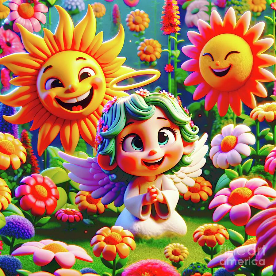 Cute Angel Among Smiling Flowers under a Smiling Sun Digital Art by Rose Santuci-Sofranko