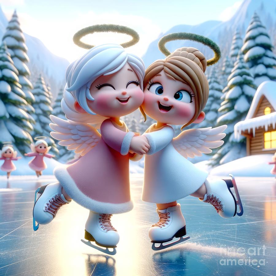 Winter Digital Art - Cute Angel Friends Ice Skating on a Wintry Pond by Rose Santuci-Sofranko