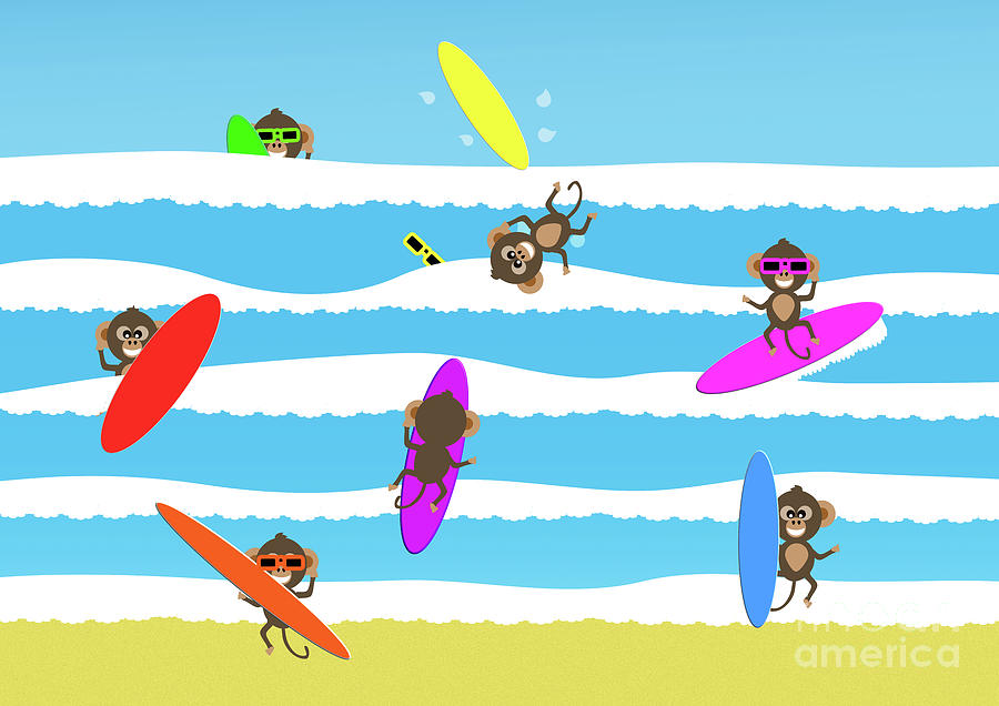 Cute Animal Monkeys Go Surfing Digital Art by Barefoot Bodeez Art