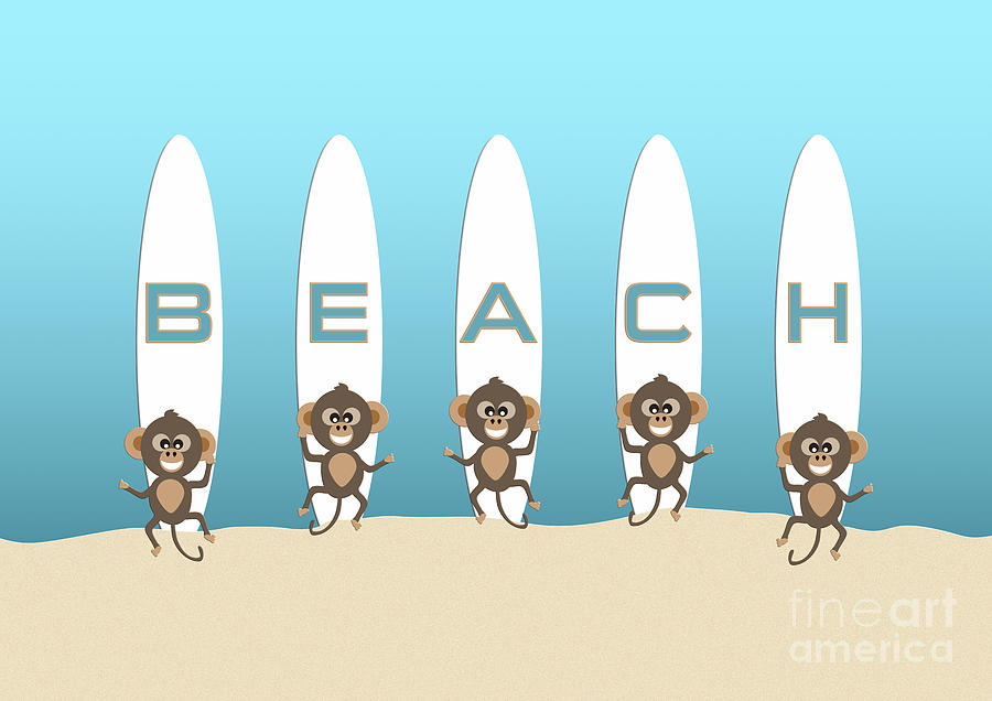 Cute Animal Monkeys with Surfboards and Beach Typography Digital Art by Barefoot Bodeez Art