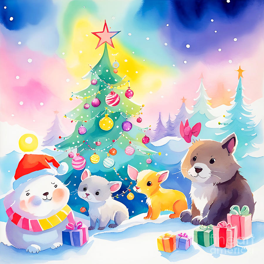 Cute Animals Celebrating Christmas I Painting by Munir Alawi