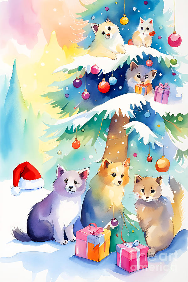 Cute Animals Celebrating Christmas III Painting by Munir Alawi