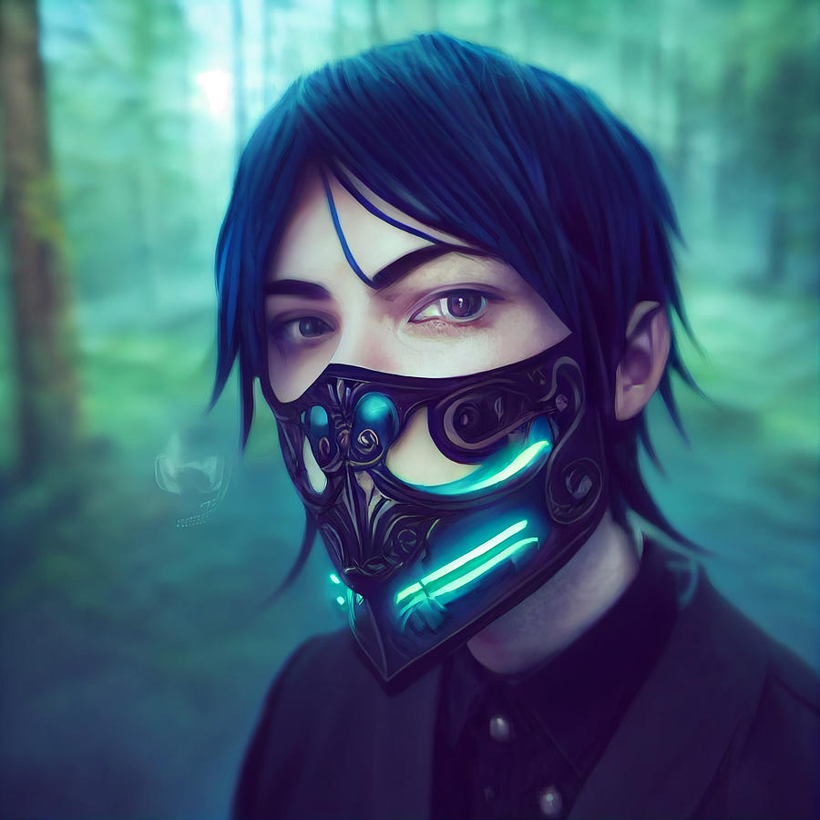 Cute Anime Adult Guy With Black Hair Blue Eyes Wears Mask Covering ...