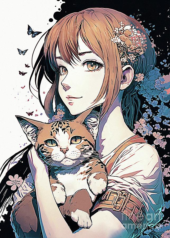 Cute Anime Girl With Her Chubby Cat Digital Art By Anass Benktitou Fine Art America 