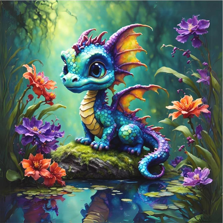 Cute baby blue dragon Digital Art by Glenda Stevens