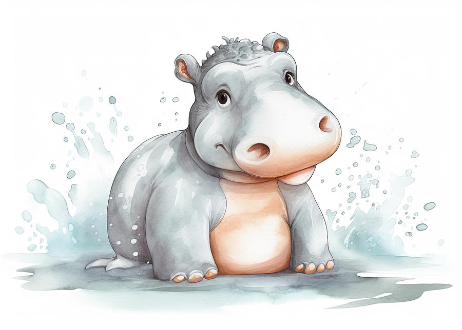 Hippopotamus Photograph - Cute baby hippo animal watercolor childrens print by Good Focused