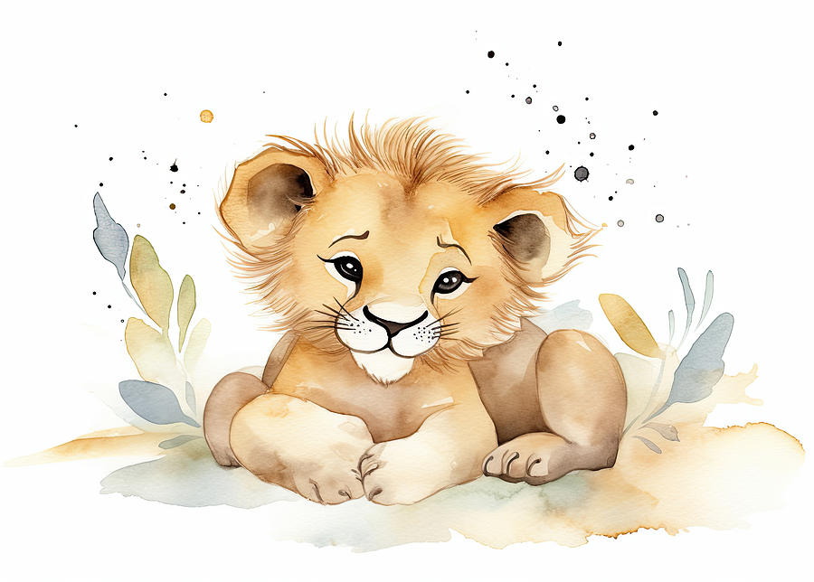 Wildlife Digital Art - Cute baby lion cub animal watercolor childrens print by Good Focused