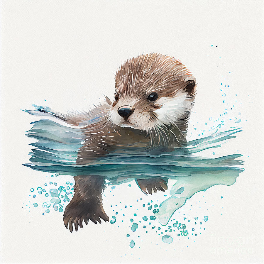 Fantasy Digital Art - Cute  baby  otter  swimming  through  the  ocean   by Asar Studios by Celestial Images