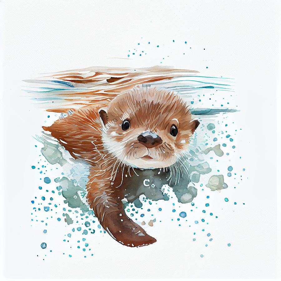 Fantasy Digital Art - Cute  baby  otter  swimming  through  the  ocean  with  ccf  a  c    ffaefe by Asar Studios by Celestial Images
