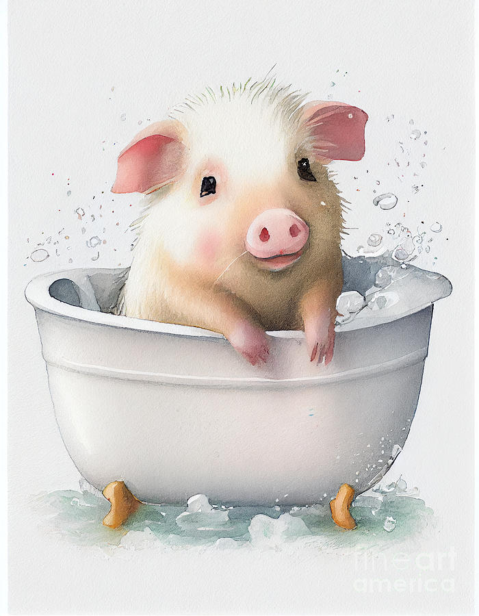 Cute Baby Pig In Bathub Watercolor Minimalist Painting by Jeff Brassard ...