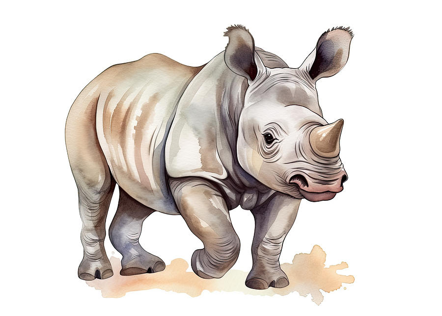 Wildlife Photograph - Cute baby rhino calf animal watercolor childrens print by Good Focused