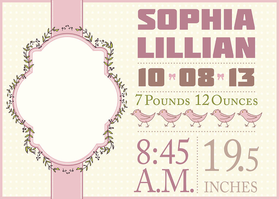 Cute Birth Announcement Template - Girl Drawing by Diane Labombarbe