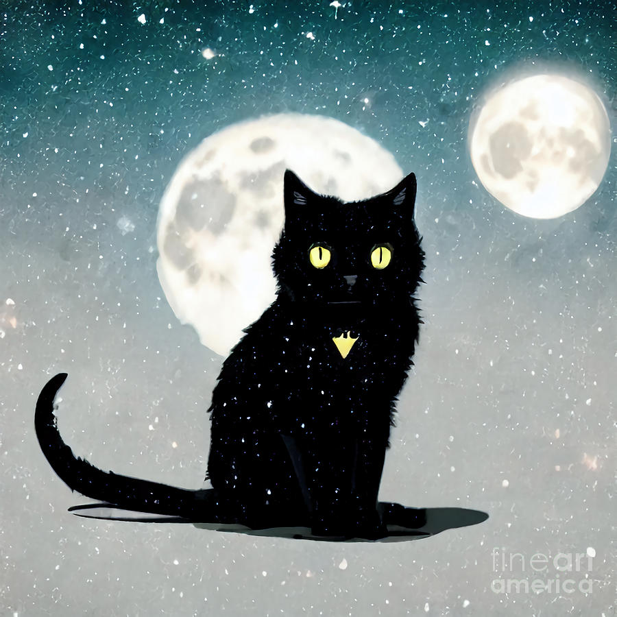 Cute Black Kitten On Snowy Night Digital Art