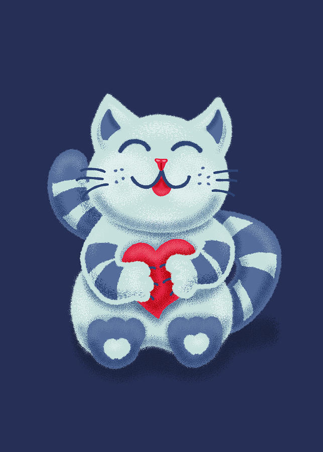 Cute Blue Kitty With Heart In Love Digital Art