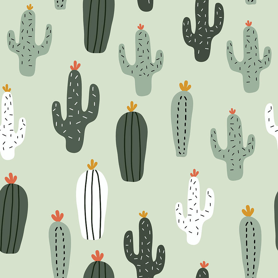 Cute cacti seamless pattern, background with hand drawn cacuses, baby ...