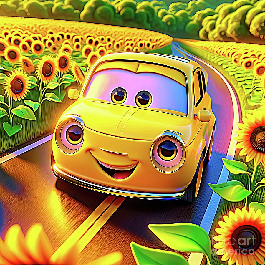 Cute Car Driving on a Road Through a Field of Sunflowers Expressionist Effect Digital Art by Rose Santuci-Sofranko