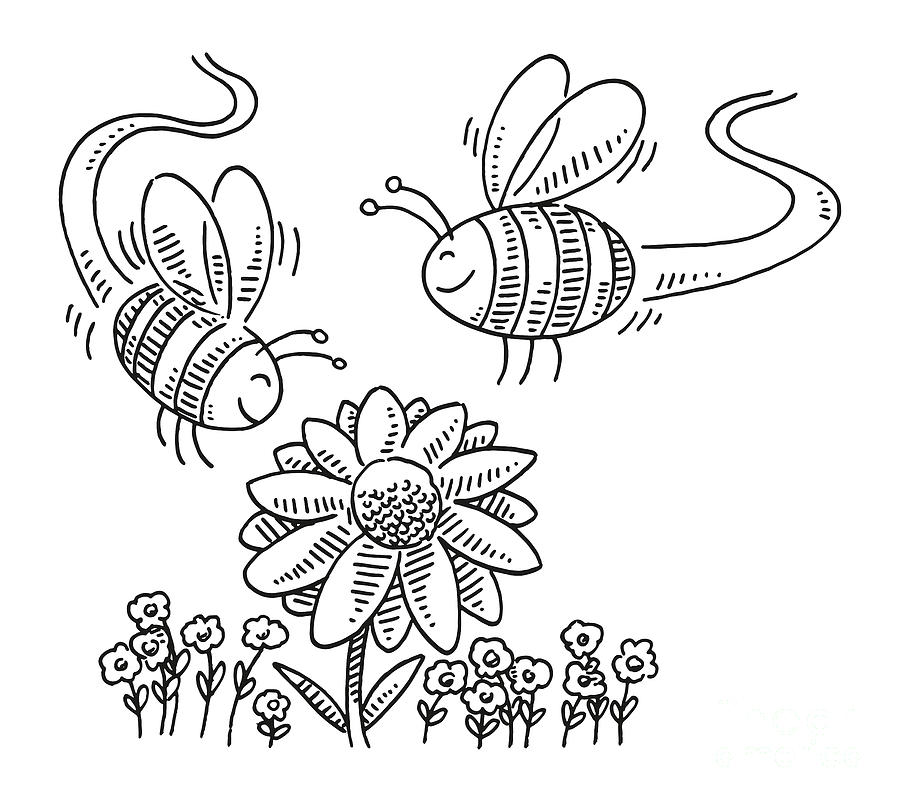 Cute Cartoon Bees Flying Around Flower Drawing Drawing by Frank Ramspott -  Pixels