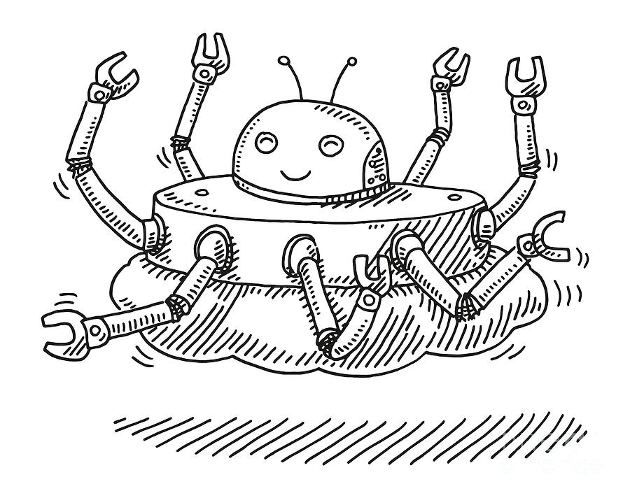 Black And White Drawing - Cute Cartoon Robot With Many Grippers Drawing by Frank Ramspott