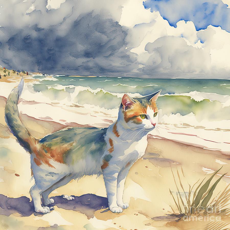 Summer Painting - Cute Cat At The Beach  by N Akkash