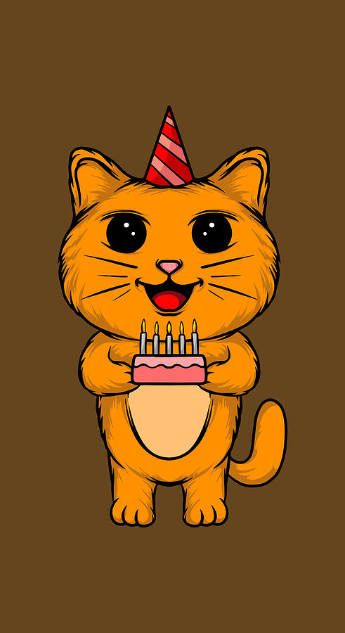 Cute Cat Celebrating Birthday Holding a Cake Digital Art by Sambel Pedes