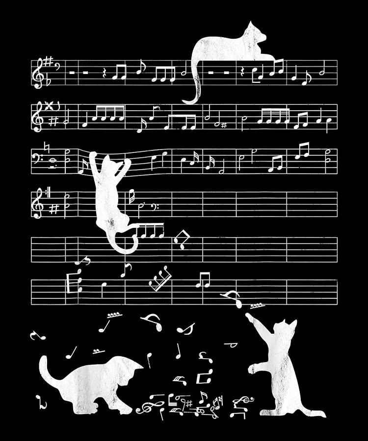 Cute Cat Distressed Music Notes Kitty Piano Musician Drawing by Wild ...