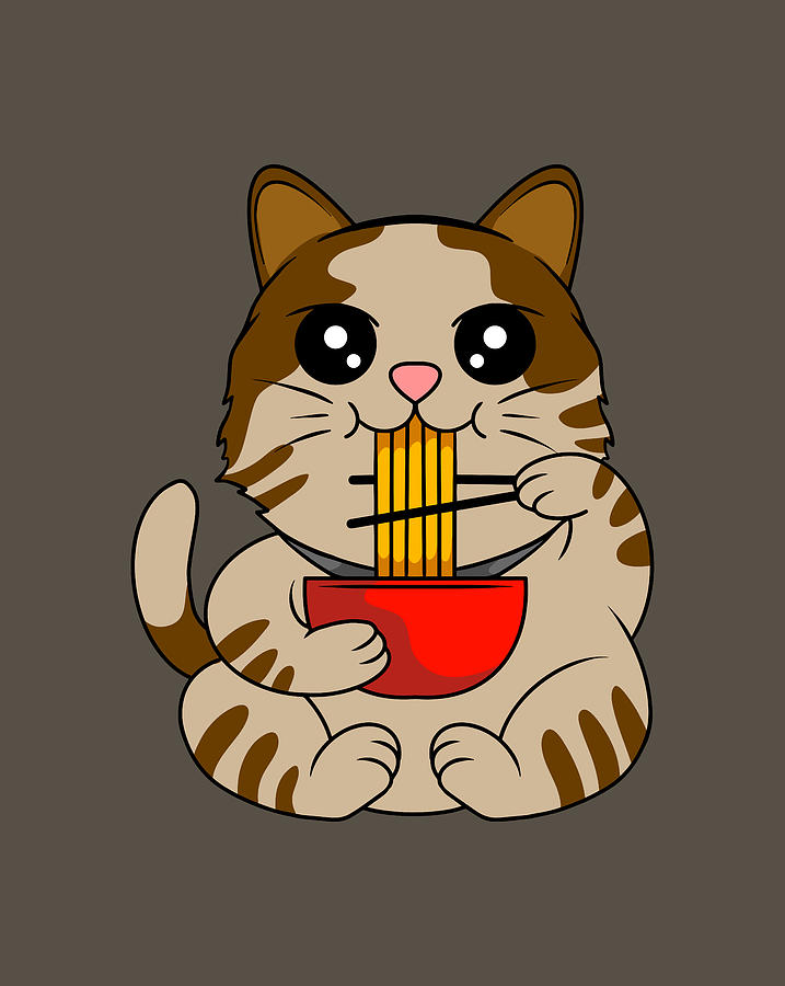 Cute Cat Eating Ramen Digital Art by Sambel Pedes