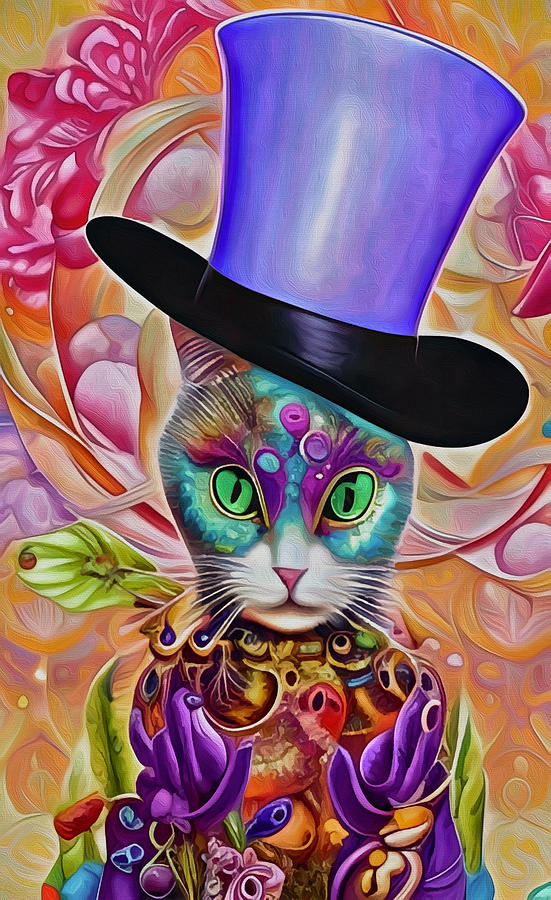Cute Cat in a Top Hat Mixed Media by Ann Leech