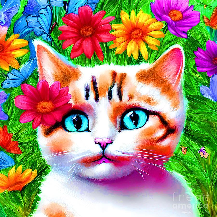 Cute Cat In The Flower Garden 20221006aa Mixed Media by Wingsdomain Art and Photography