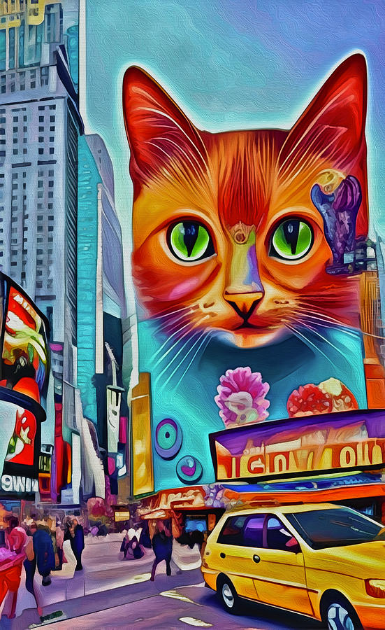 Cute Cat in Times Square Mixed Media by Ann Leech