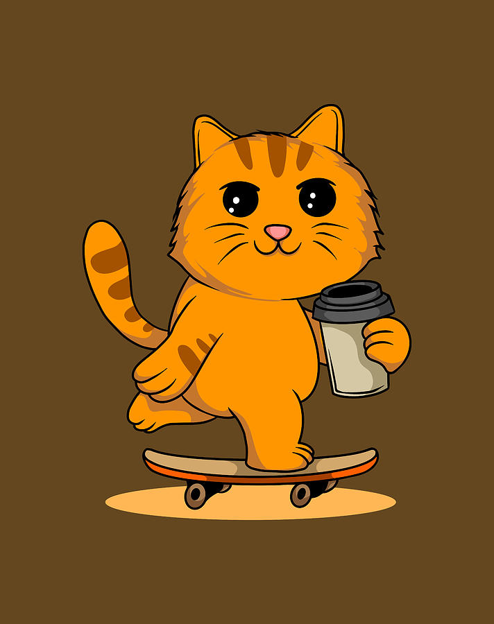 Cute Cat Playing Skateboard While Holding a Cup Digital Art by Sambel Pedes