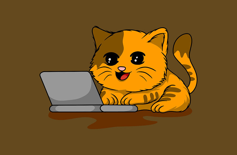 Cute Cat With A Laptop Digital Art by Sambel Pedes
