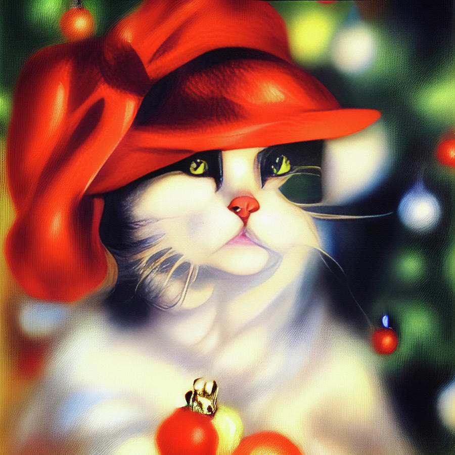 Cute cat with Christmas hat Digital Art by Tatiana Travelways