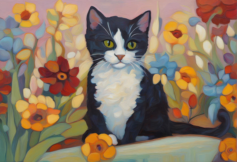 Flower Painting - Cute Cat with flowers by My Head Cinema