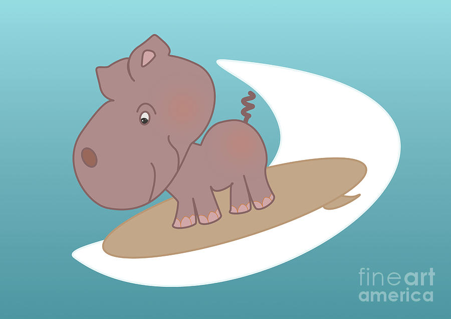Cute Chibi Cartoon Surfing Hippo on a Wave Retro Style Digital Art by Barefoot Bodeez Art