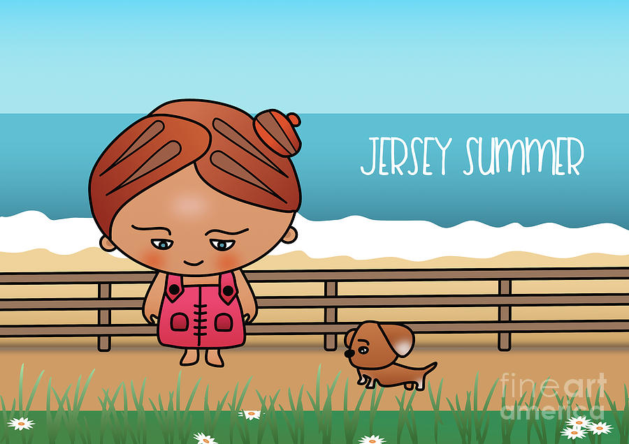 Cute Chibi Girl and Dog at the Beach in Jersey Summer Digital Art by Barefoot Bodeez Art