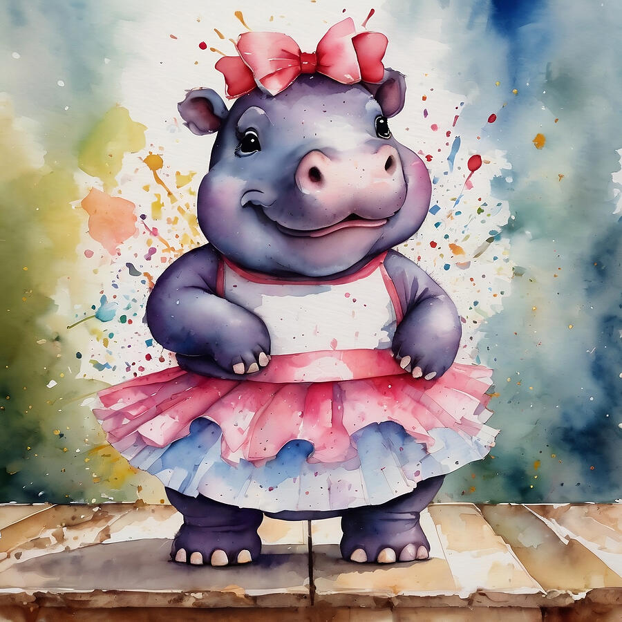 Cute chibi hippo wearing a tutu watercolor drawing, funny cartoon for ...