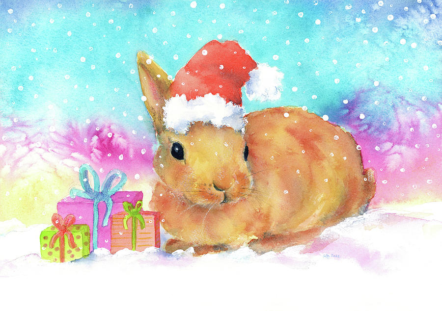 Cute Christmas bunny Painting by Karen Kaspar