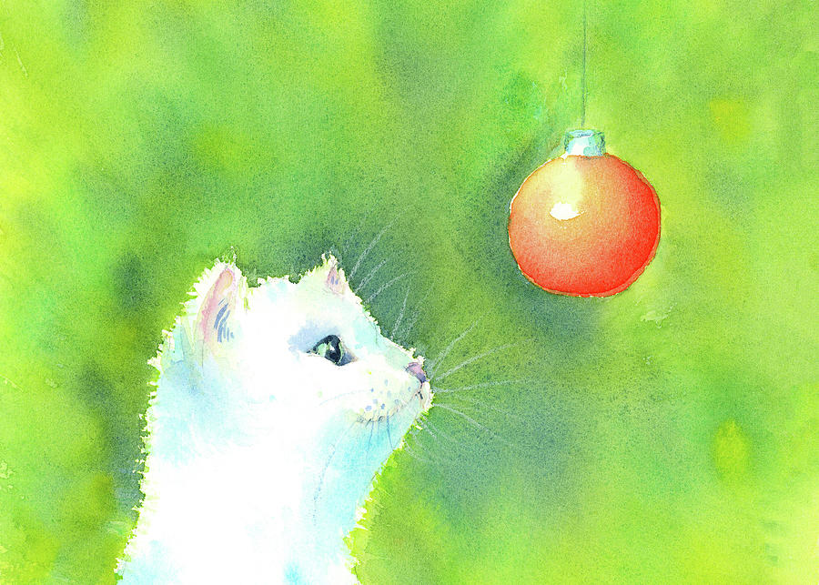 Cute Christmas cat horizontal Painting by Karen Kaspar