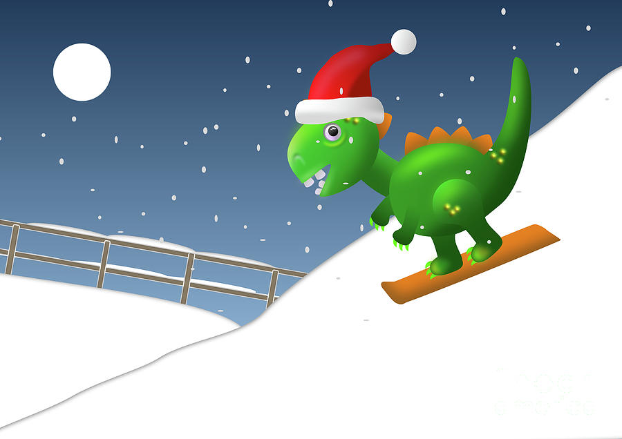 Cute Christmas T Rex Dinosaur in Santa Hat Snowboarding  Digital Art by Barefoot Bodeez Art