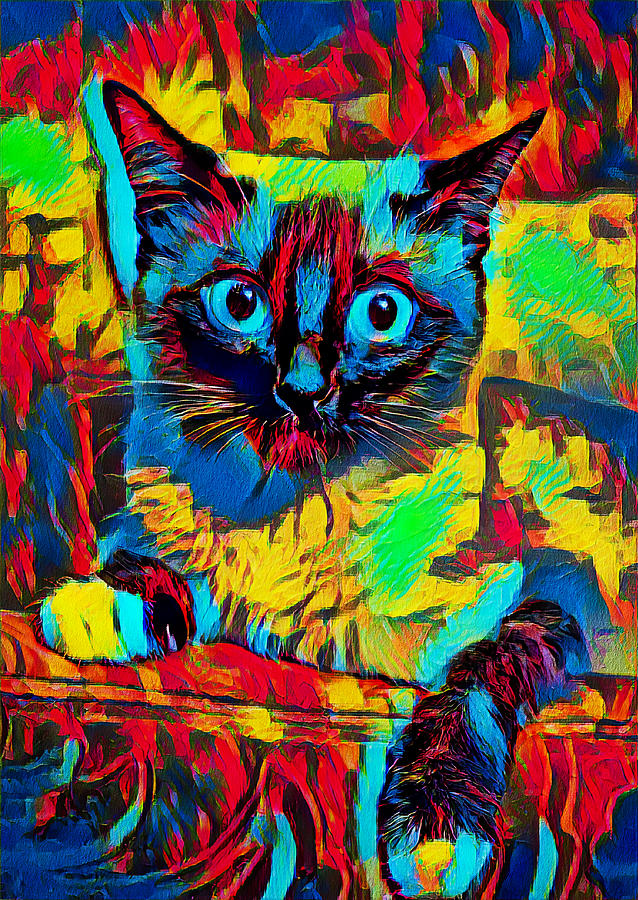 Cute colorful Siamese cat - digital painting Digital Art by Nicko Prints