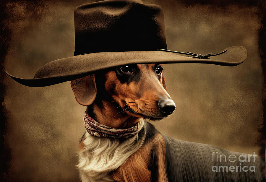 Cute Country Western Cowboy Hat Dauchsand Dog Old West Weiner Dog Mixed Media by Stephanie Laird