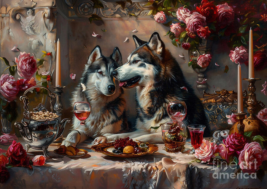 Dog Painting - Cute couples playful Alaskan Malamute Dog Having a romantic dinner in a castle by Eldre Delvie