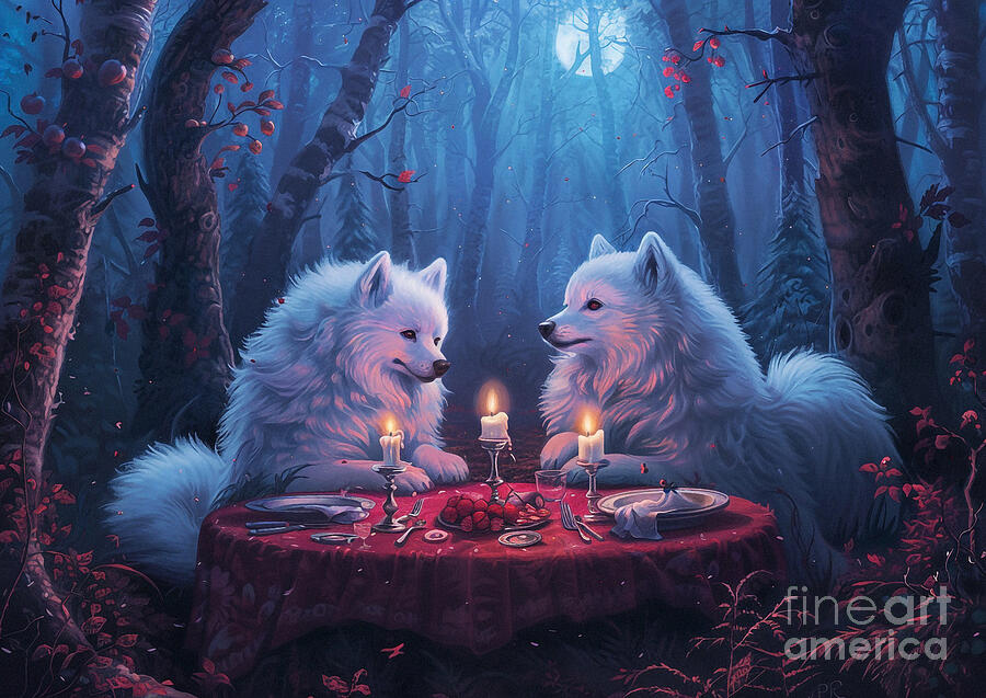 Wolves Painting - Cute couples playful American Eskimo Dog Having a candlelit dinner in a forest clearing by Eldre Delvie
