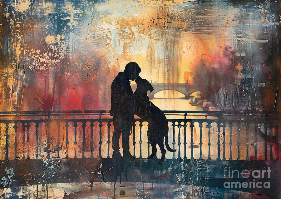 Abstract Painting - Cute couples playful American Staffordshire Terrier Dog Sharing a kiss on a bridge in Paris by Eldre Delvie