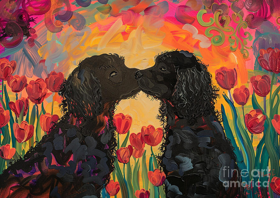 Dog Painting - Cute couples playful American Water Spaniel Dog Sharing a kiss in a field of tulips at sunset by Eldre Delvie